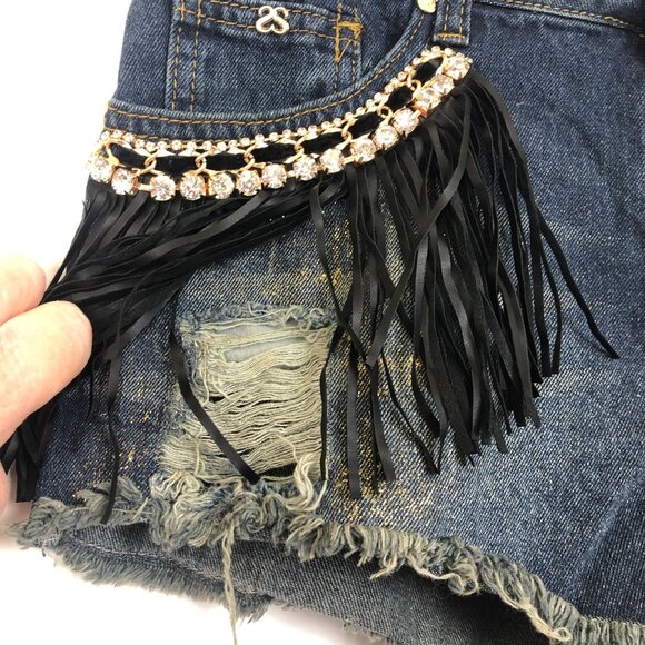 New Sparkle Women's Booty Shorts Sz 13 Jrs Fringe Rhinestones Raw Hem Destroyed - Picture 7 of 13